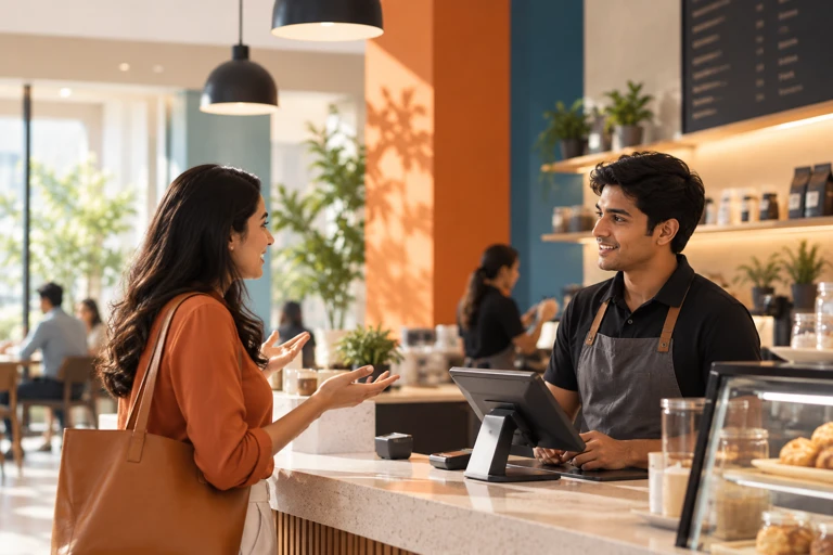 A customer and a counter assistant talking across the counter of a cafe.