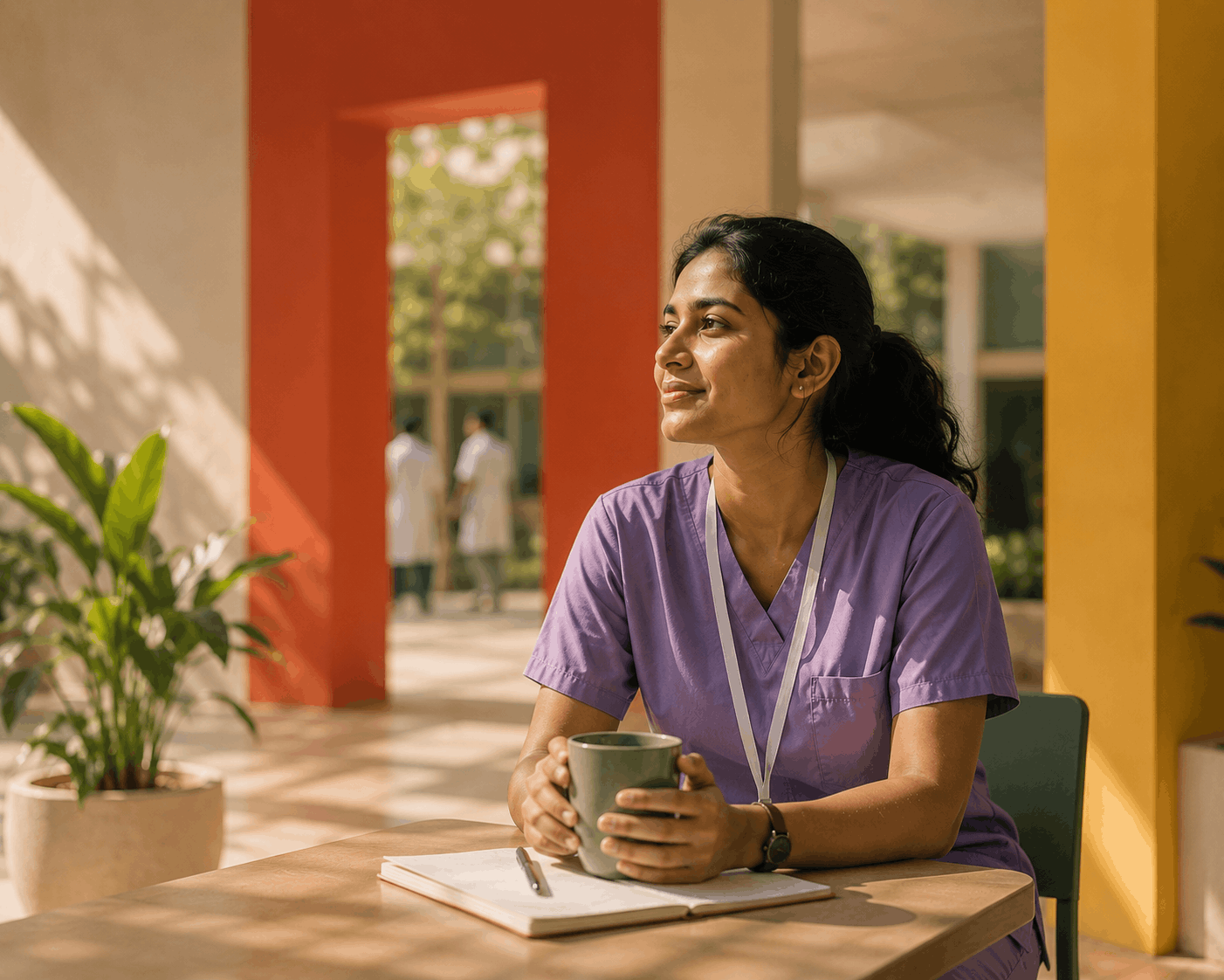 A nurse studying clinical English at a sunlit table with a Clinical Medicine textbook and a laptop, another nurse studying in the background.