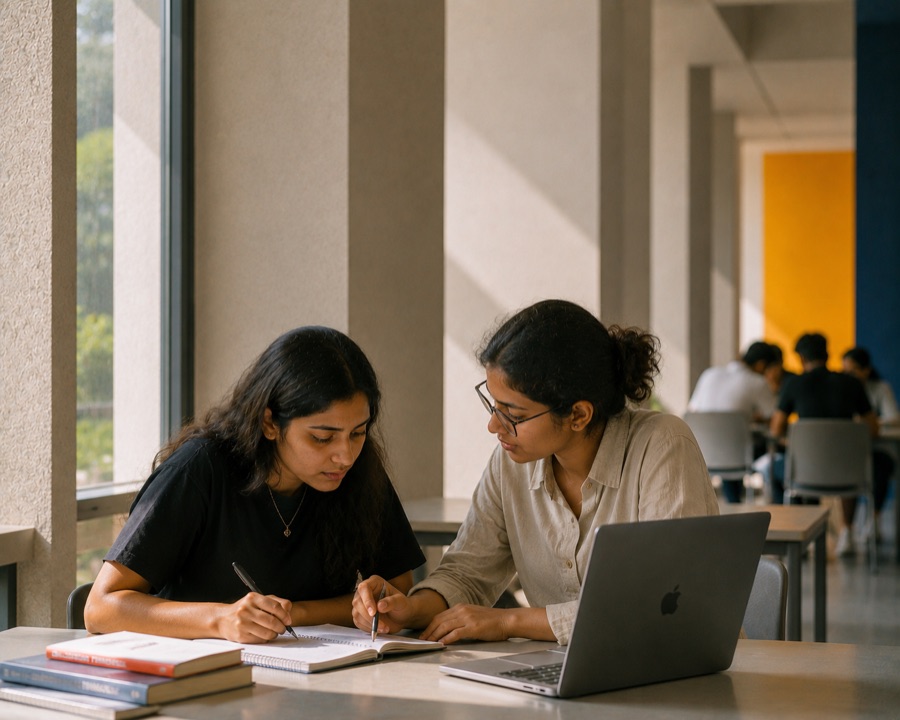 Two students reviewing cohort progress on a laptop in the library