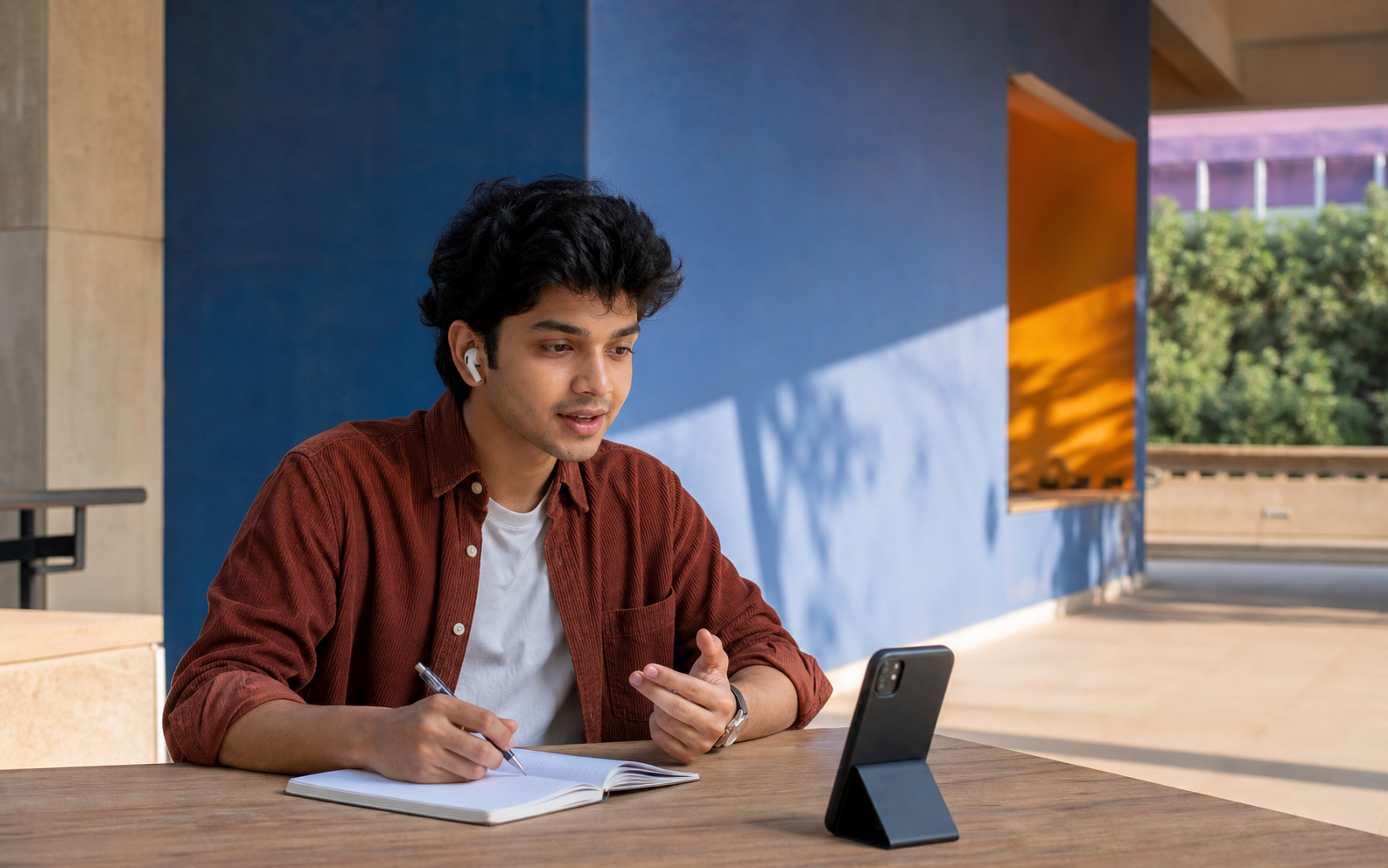 Student practising a spoken interview scenario on her phone in a campus courtyard